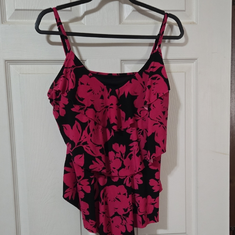 Floral Pink and Black Tankini Swim Top XL